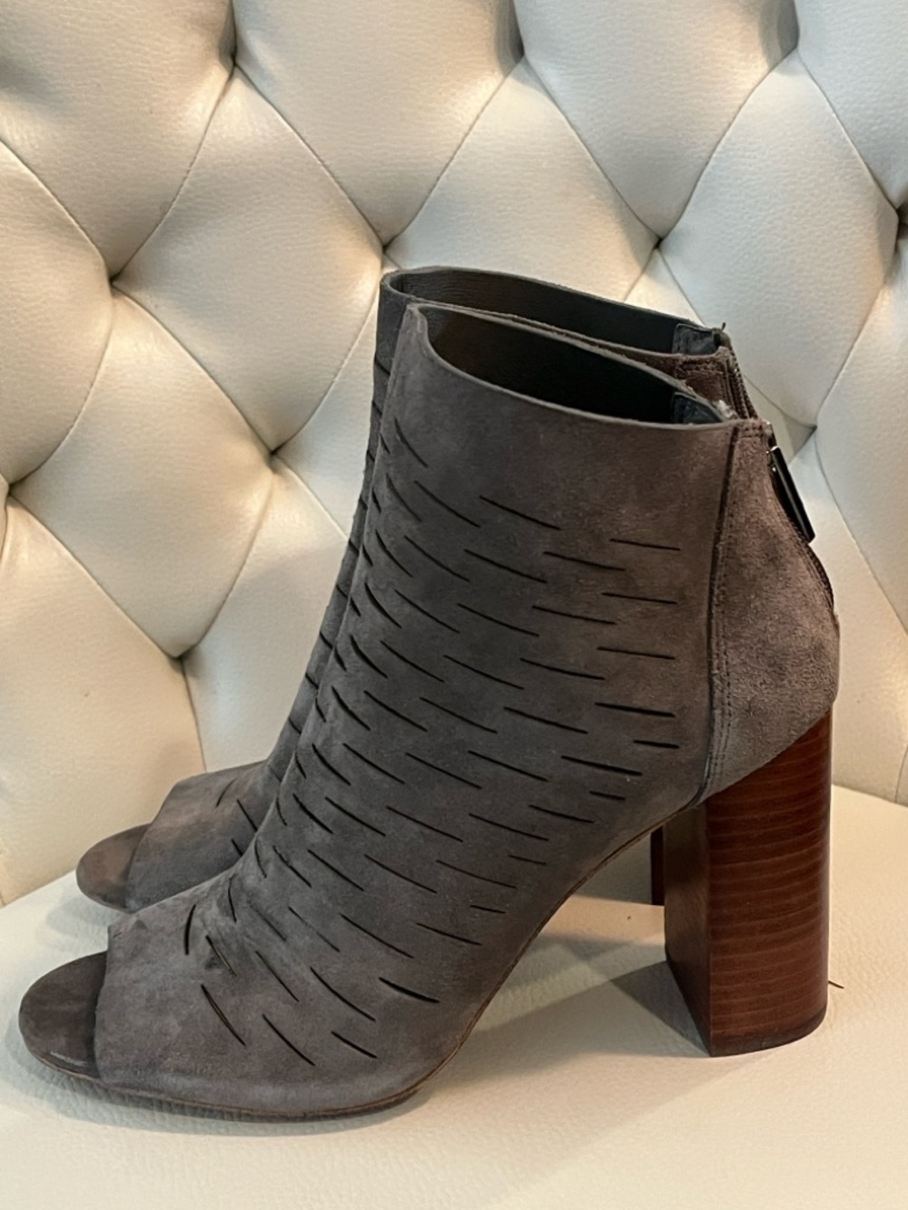 Gray Suede Laser-Cut Peep-Toe Ankle Booties